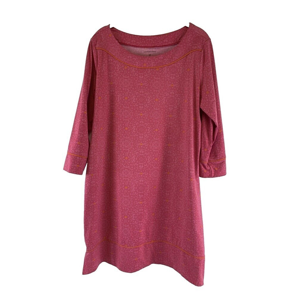 Lands End Rash Guard Tunic Dress Pink Medallion 3/4 Sleeves Cover Up Women Large